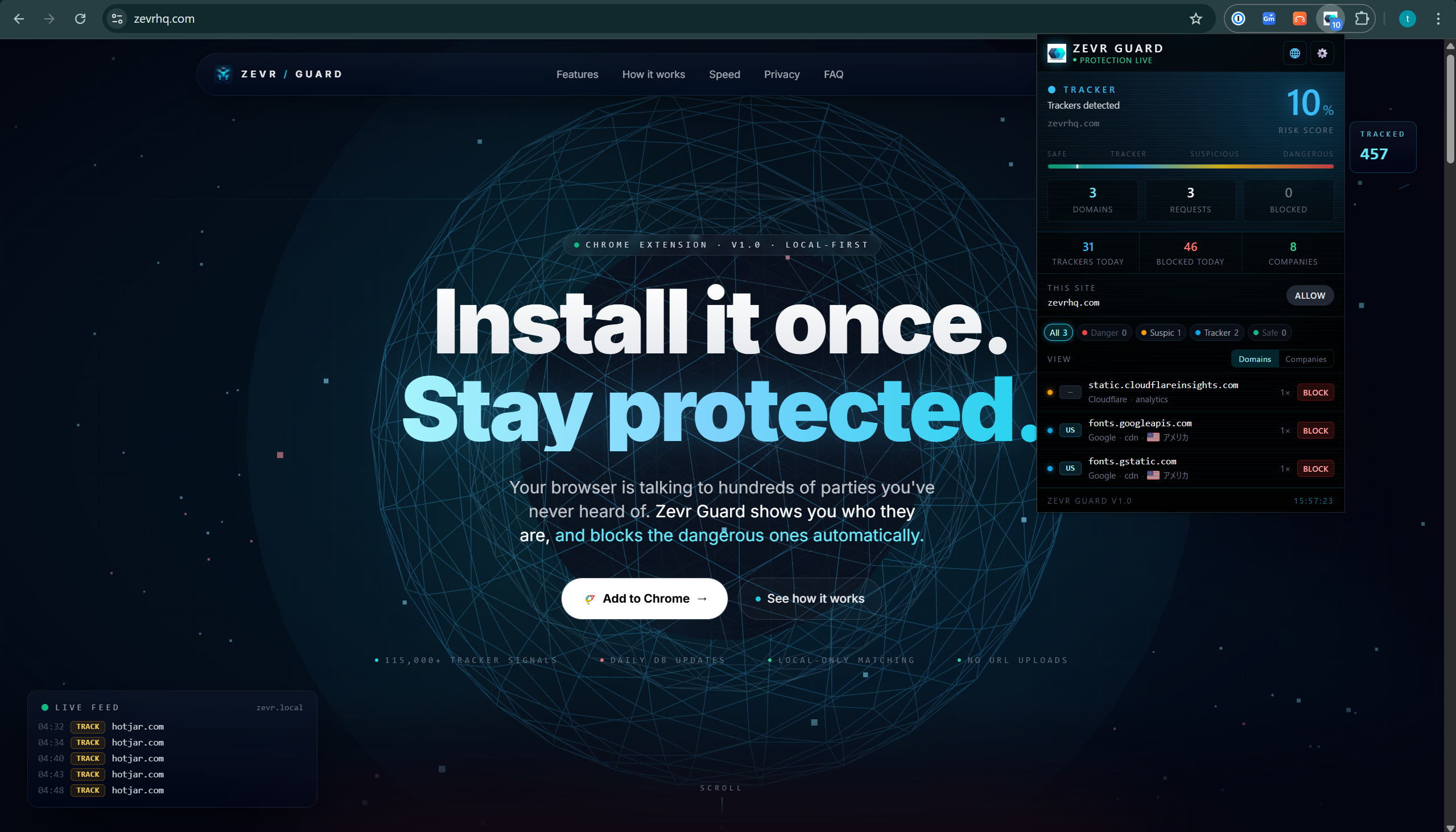 Zevr Guard popup: real-time tracker list with per-domain block controls