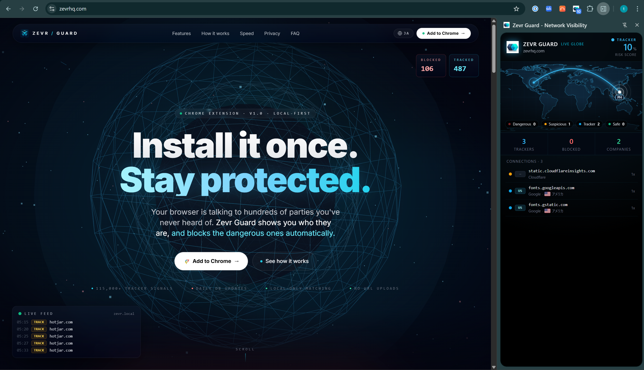 Zevr Guard side panel: world map showing every live connection